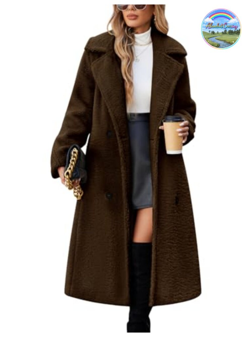 Oversized Double-Breasted Faux Fur Long Fleece Coat with Pockets